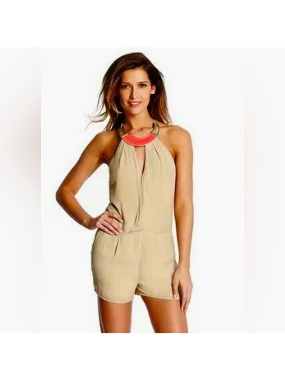 MARCIANO ANAIS HALTER SHORTS ROMPER Women’s Size 8 Tan Silky Jeweled Neckline